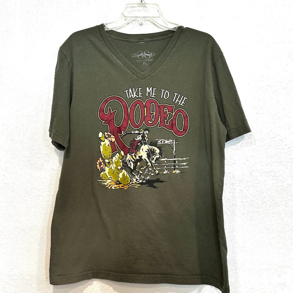TAKE ME TO THE RODEO Graphic Tee Green V-Neck Spirit with Style Brand Womens XL